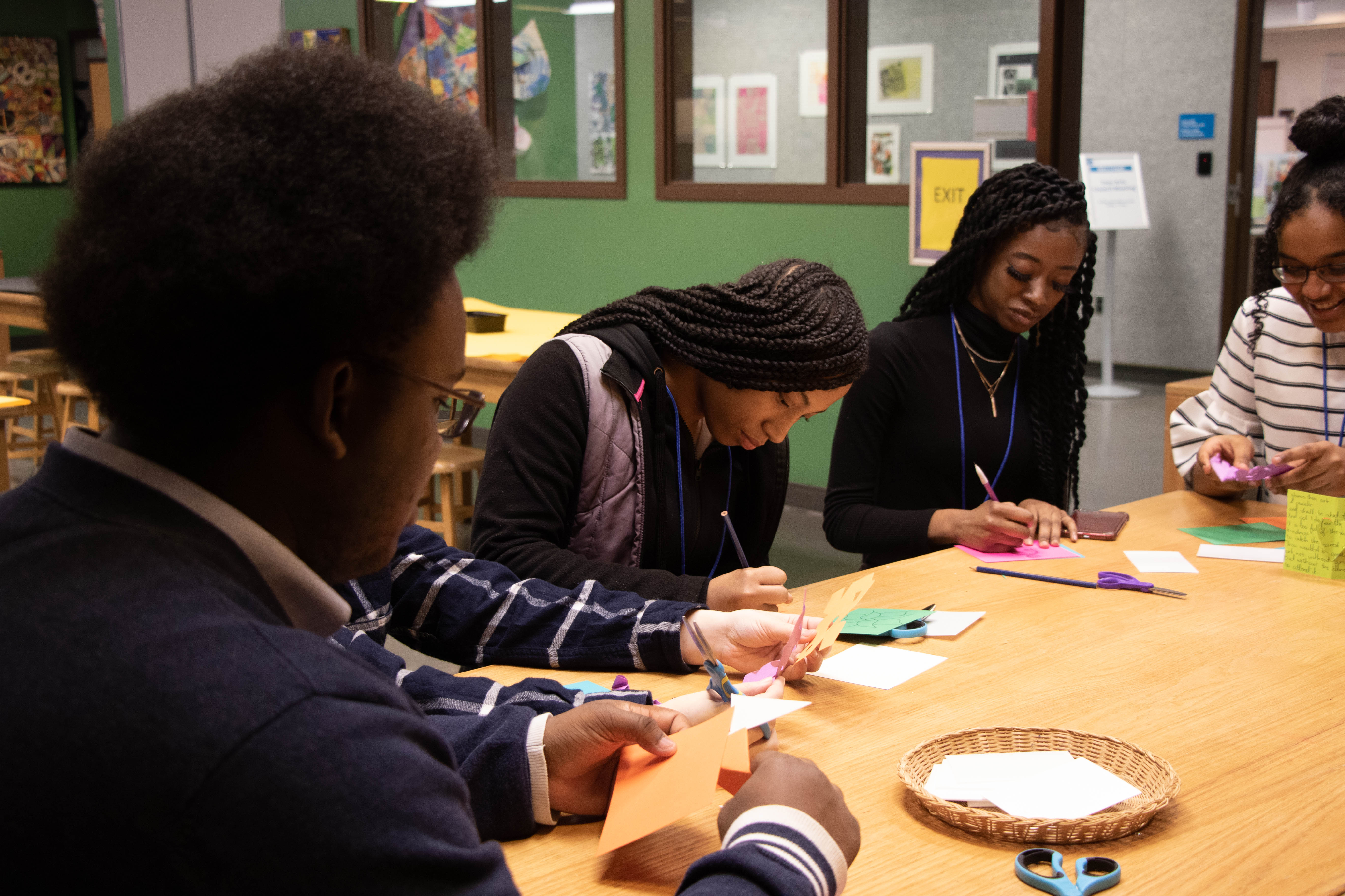 Art-making in the Studio. From left to right, Javohn, Destini, Breanah, and Jaanaki.