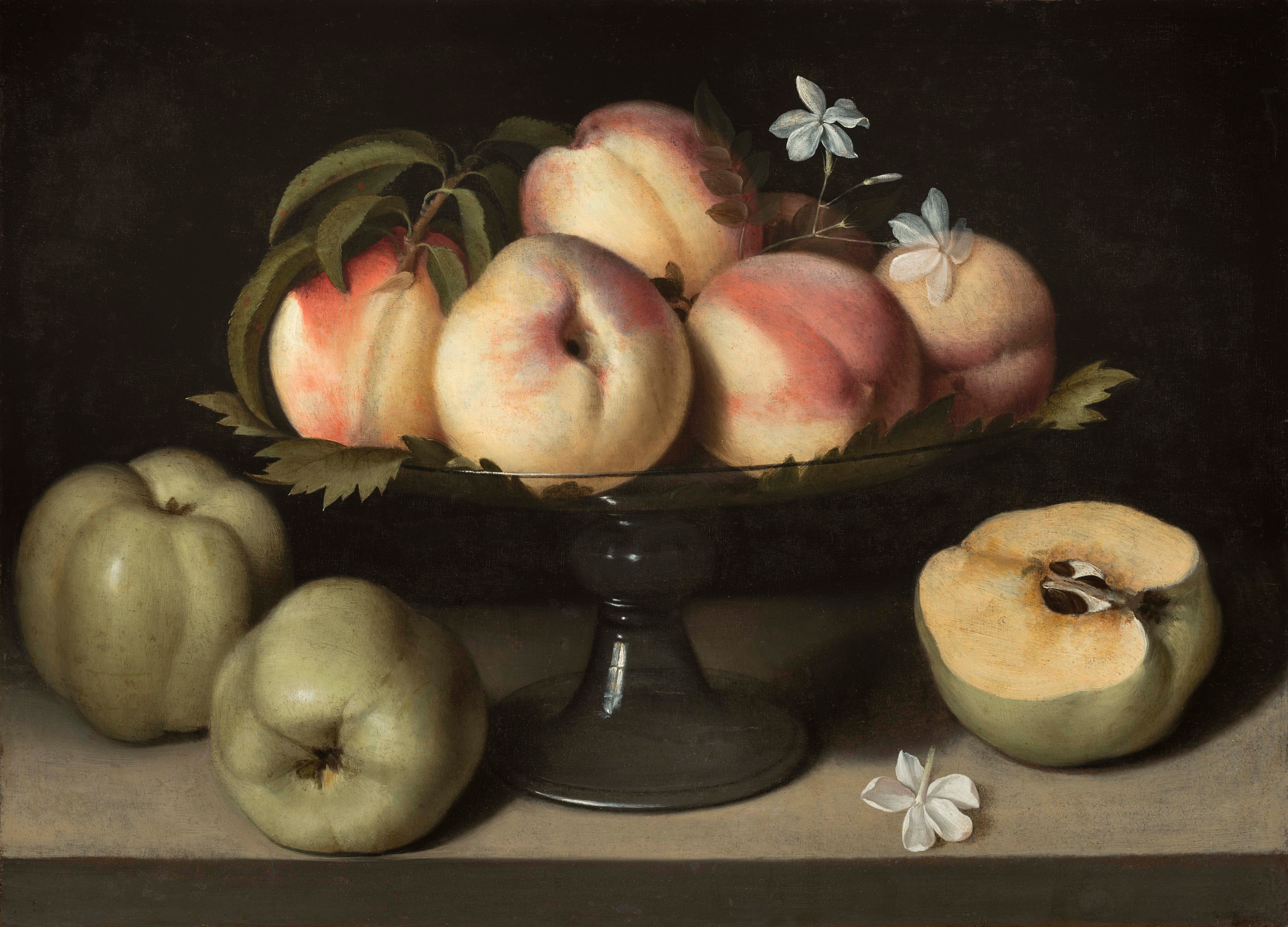Fede Galizia, :Glass Tazza with Peaches, Jasmine Flowers and Apples," 1607, oil on panel. Montreal Museum of Fine Arts, Gift of Mr. and Mrs. Michal Hornstein, 2015.19