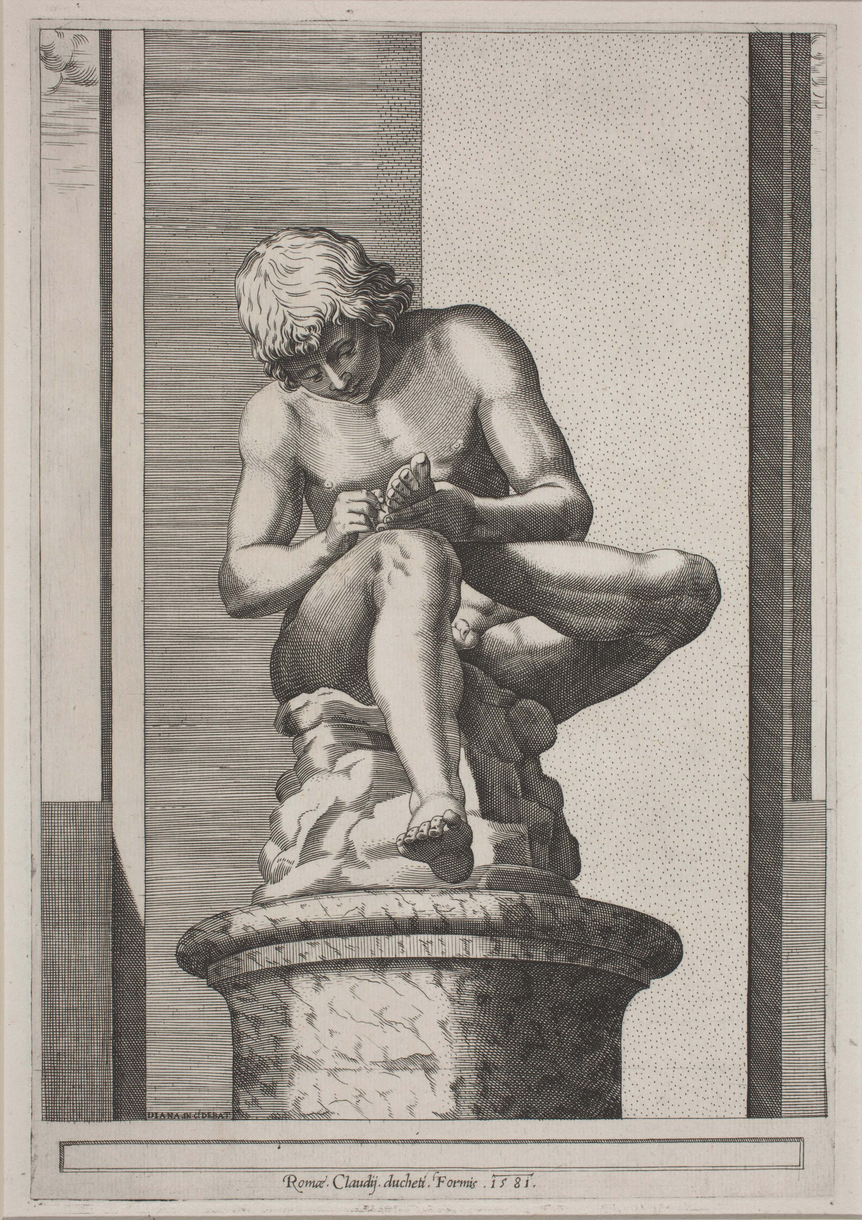 Diana Scultori (Italian, ca. 1535–probably 1588) Claudio Duchetti (French, active in Italy, d. 1585), "The Spinario, State I," 1581, Engraving on laid paper. National Gallery of Art, Washington, D.C., Ailsa Mellon Bruce Fund, 2009.100.1