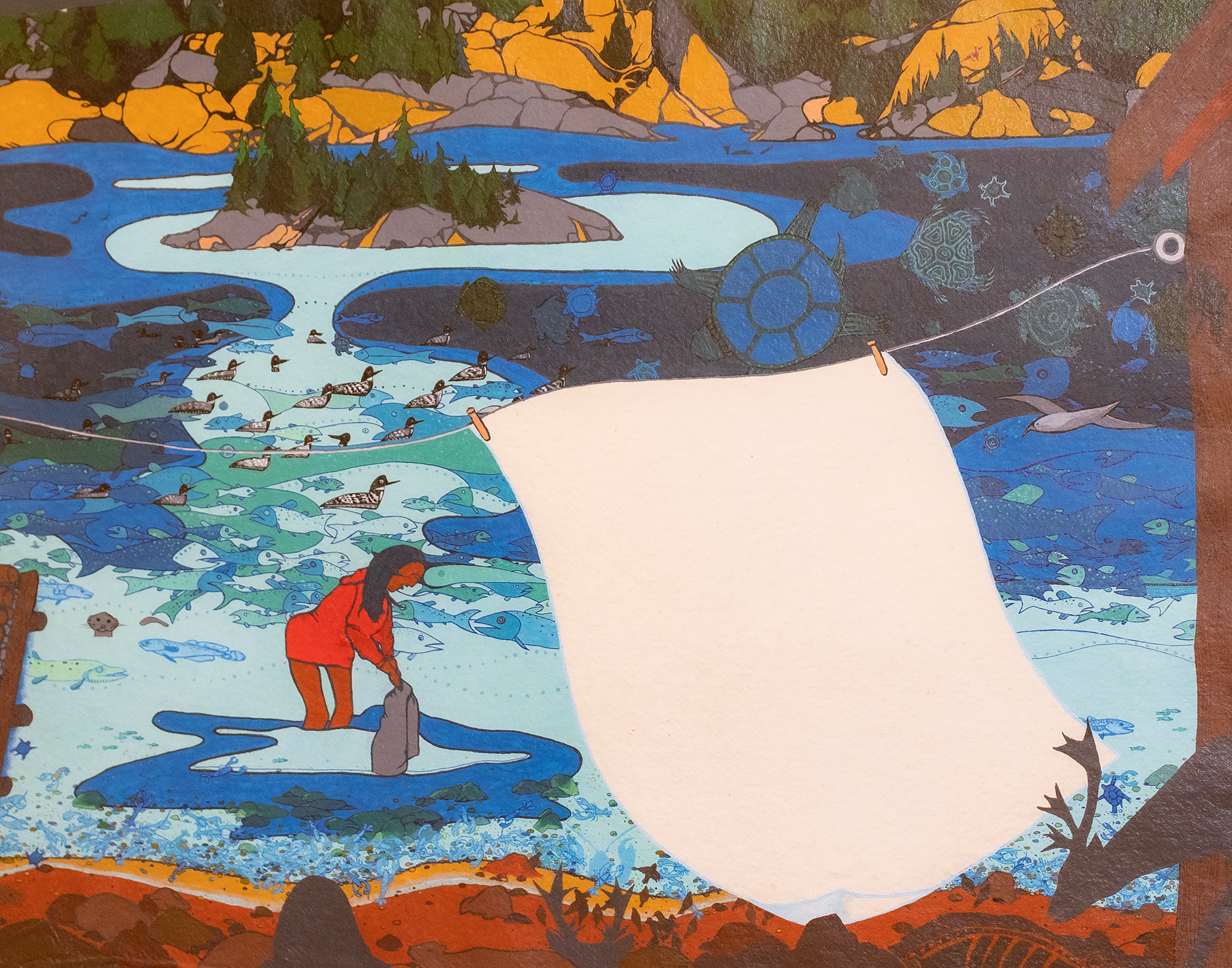 Potty Training on Dixon Island, 2001, Lois Beardslee; Anishnaabe/Ojibwe; acrylic paint, blue and black ball point pen ink, gel pen ink.