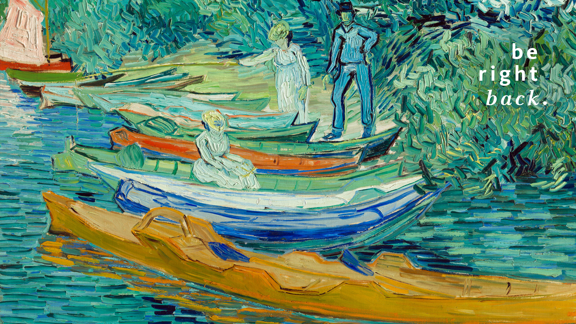 Image of three people on a boat with the text "be right back"