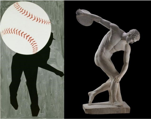 Robert Moskowitz (American, born 1935), Hard Ball III, 1993, oil on canvas. Right: Roman Copy after Myron (Greek), The Discobolus, 2nd Century C.E., marble.