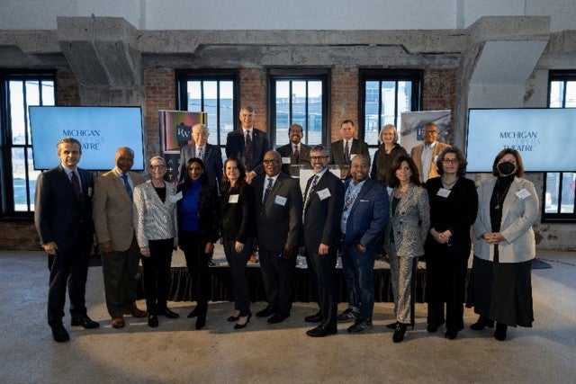 The directors of the 11 Detroit-area institutions receiving grants from the Ralph C. Wilson, Jr. Foundation at a press conference last week. Photo courtesy of the Ralph C. Wilson, Jr. Foundation.