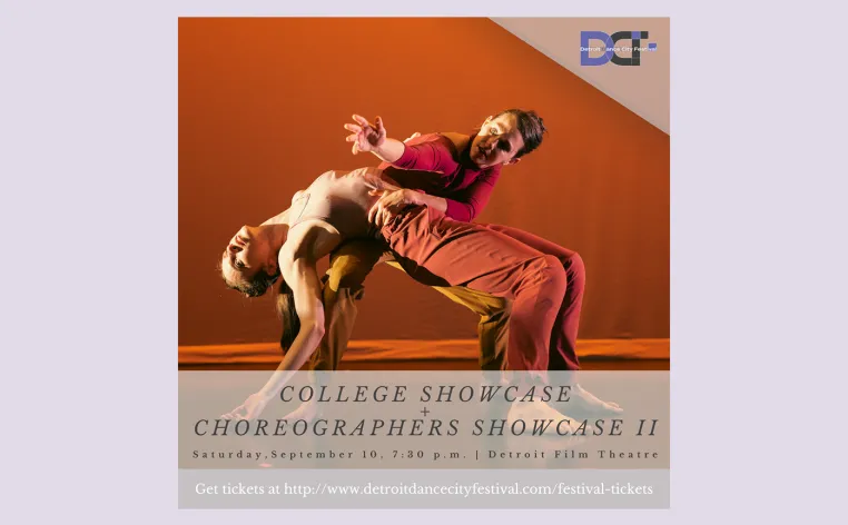 Two dancers lean on top of each other on a red hued stage with text that reads "College Showcase and Choreographers Showcase II"