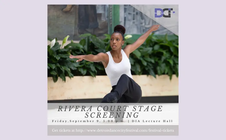 A dancer posing in a squatting position with both arms and one leg out with text reading "Rivera Court Stage Screening"
