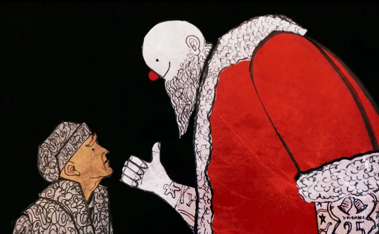 A hand drawn image of an old man wearing gray pajamas speaking to a large, tattooed and bald Santa.