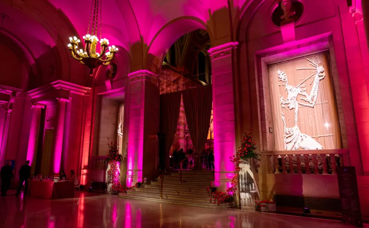 Inside the Woodward entrance, lit up in pink lights