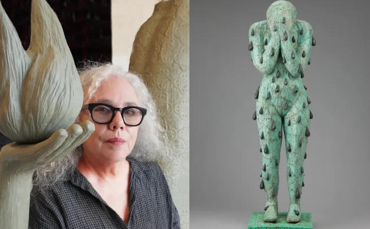 Left: portrait by Maddy Inez Right: Alison Saar, Blood/Sweat/Tears, 2005, wood, copper, bronze, paint and tar. Detroit Institute of Arts, Museum Purchase, W. Hawkins Ferry Fund, 2011.2.