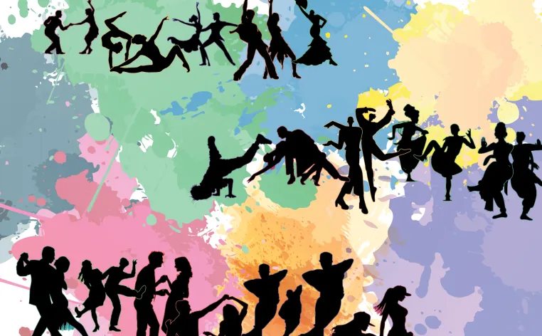 Three lines of silhouetted dancers in front of colorful background