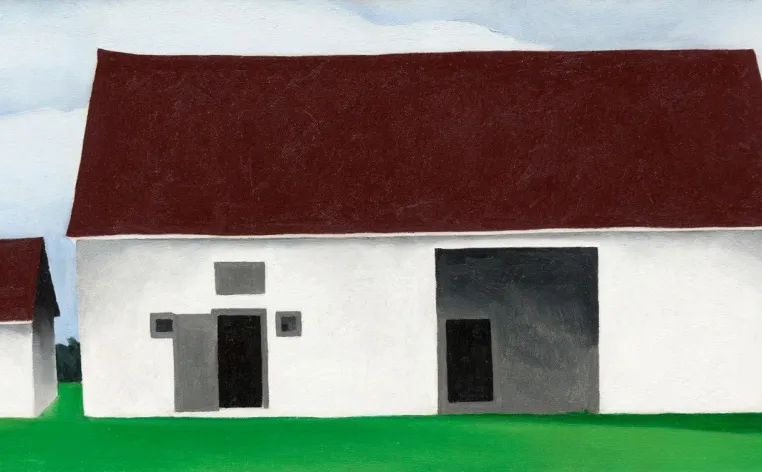 landscape artwork by Georgia O'Keeffe, white house with dark red roof on green grass and light blue sky