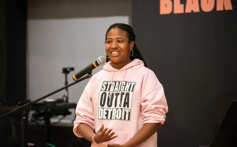 Close-up of poet performing