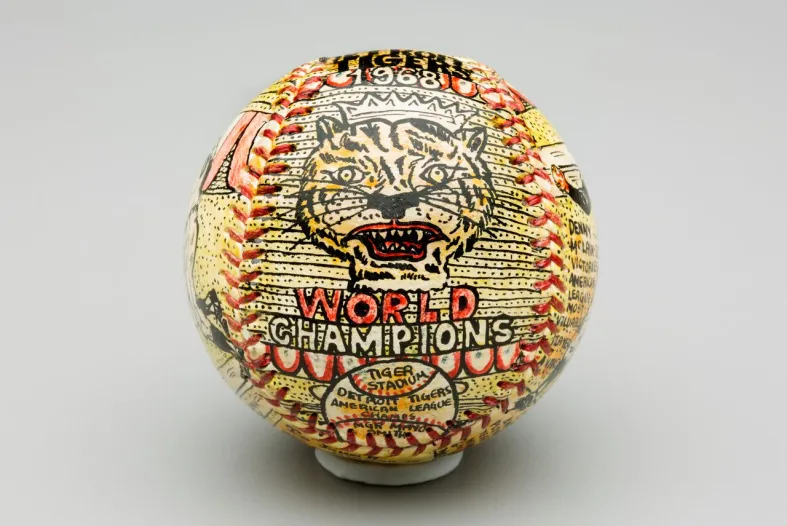 Detroit Tigers 1968 World Champions ball, 1969, pen and ink on leather. Artist: George Sosnak.