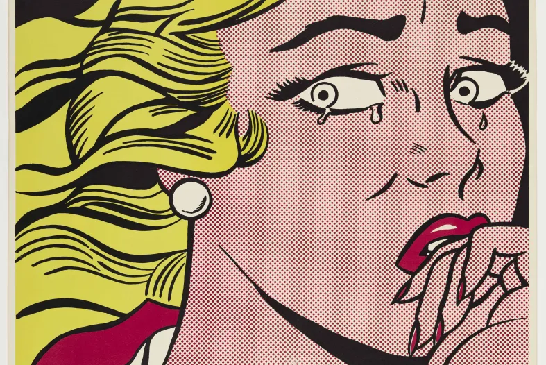 "Crying Girl," 1963, Roy Lichtenstein, American; offset lithograph printed in color on off-white wove paper. Detroit Institute of Arts. 