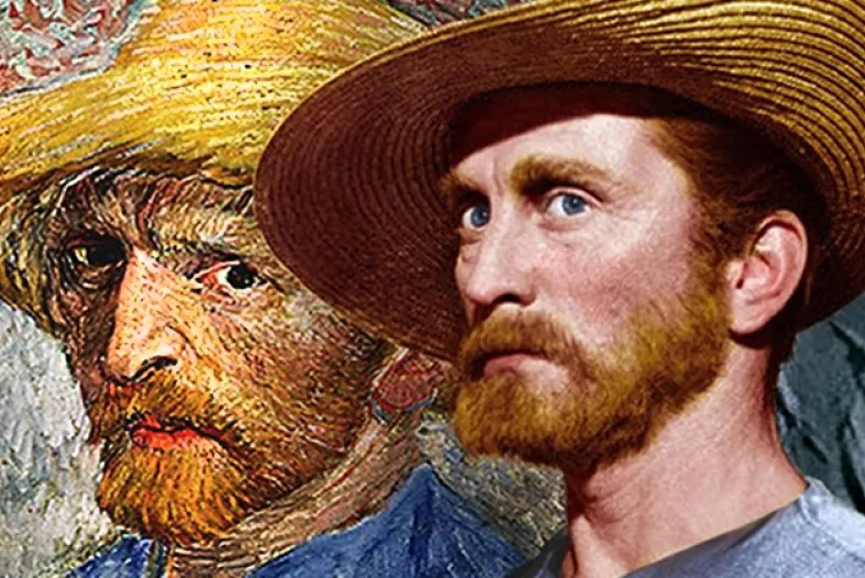 An actor playing Van Gogh posing in front of Van Gogh's Self-Portrait