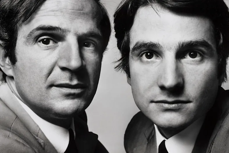 François Truffaut and the actor that plays Antoine Doinel pose in suits