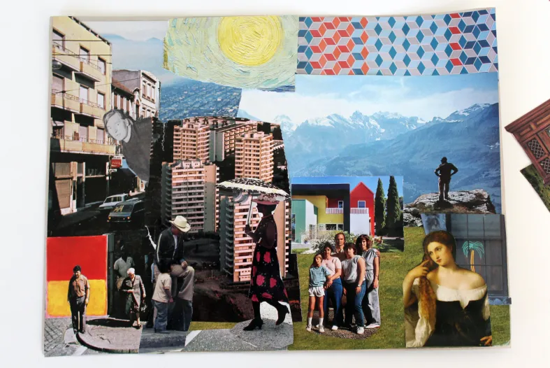 A colorful example of a neighborhood collage made in the DIA&#039;s art-making studio.