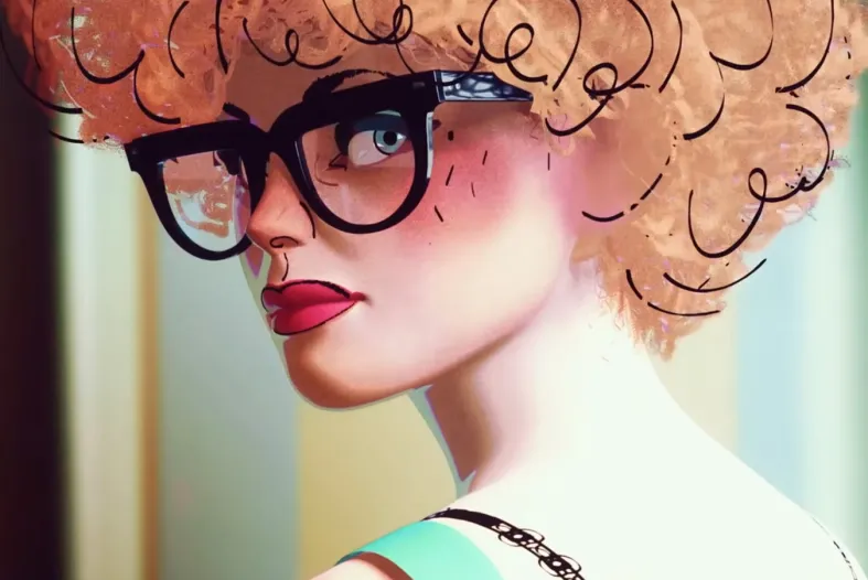 An animated woman with thick, black rimmed glasses, red lips, and short, curly red hair looks back over her shoulder. 