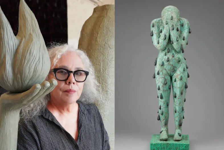 Left: portrait by Maddy Inez Right: Alison Saar, Blood/Sweat/Tears, 2005, wood, copper, bronze, paint and tar. Detroit Institute of Arts, Museum Purchase, W. Hawkins Ferry Fund, 2011.2.