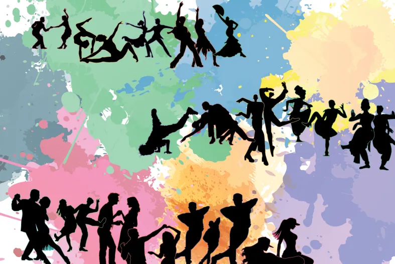 Three lines of silhouetted dancers in front of colorful background