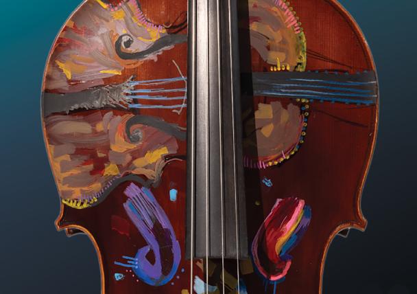 A cello adorned with abstract art