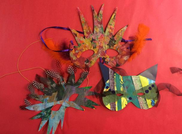 Examples of celebration masks made in the DIA's Artmaking Studio