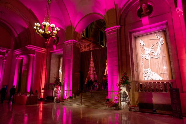 Inside the Woodward entrance, lit up in pink lights