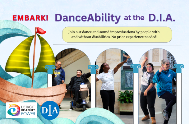 Dancers of different races, ages and genders are aboard an imaginary sailboat with green sails and a red mast flag under three museum arches.  Waves ripple past one dancer joyfully extending his arms from his wheelchair, another standing with her arms outstretched, and two more making shapes with their arms and legs.