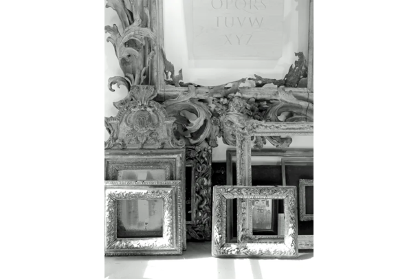 A black and white image of picture frames