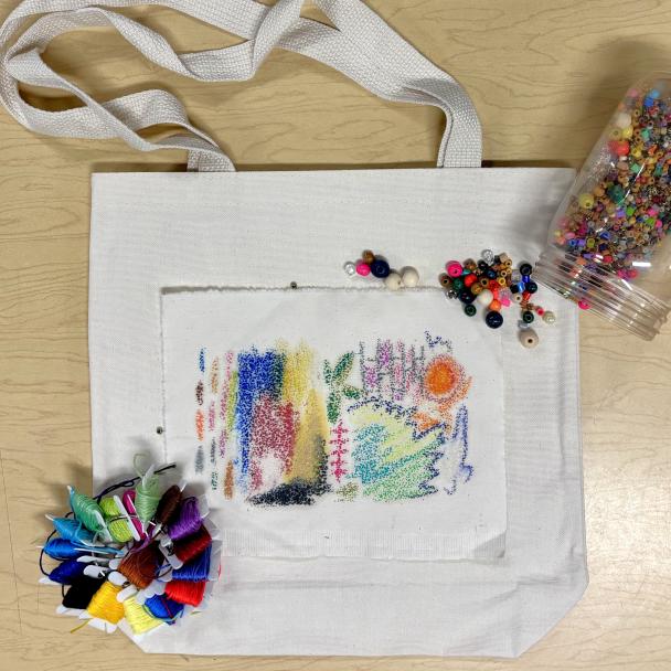 Example of an embellished tote bag made in the DIA's Artmaking studio