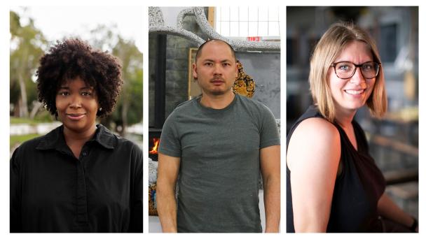 Portraits of ceramic artist Anina Major, furniture designer Jack Craig, and glass artist Kim Harty