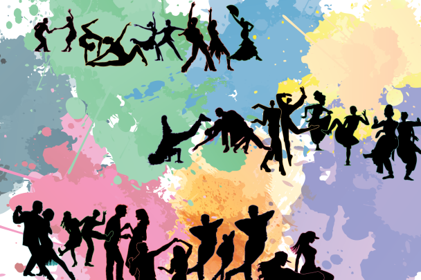 Three lines of silhouetted dancers in front of colorful background