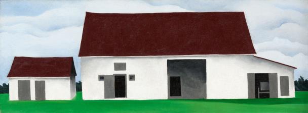 landscape artwork by Georgia O'Keeffe, white house with dark red roof on green grass and light blue sky
