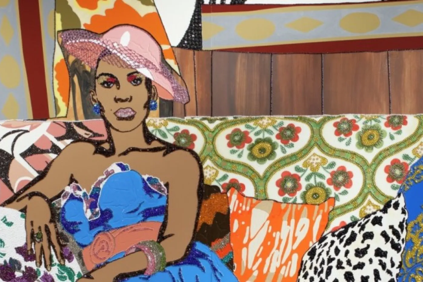Colorful, complex painting of woman sitting on a sofa