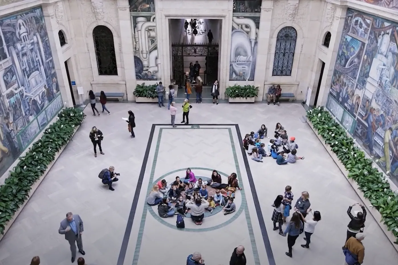 Rivera Court, bustling with visitors, as shot from above