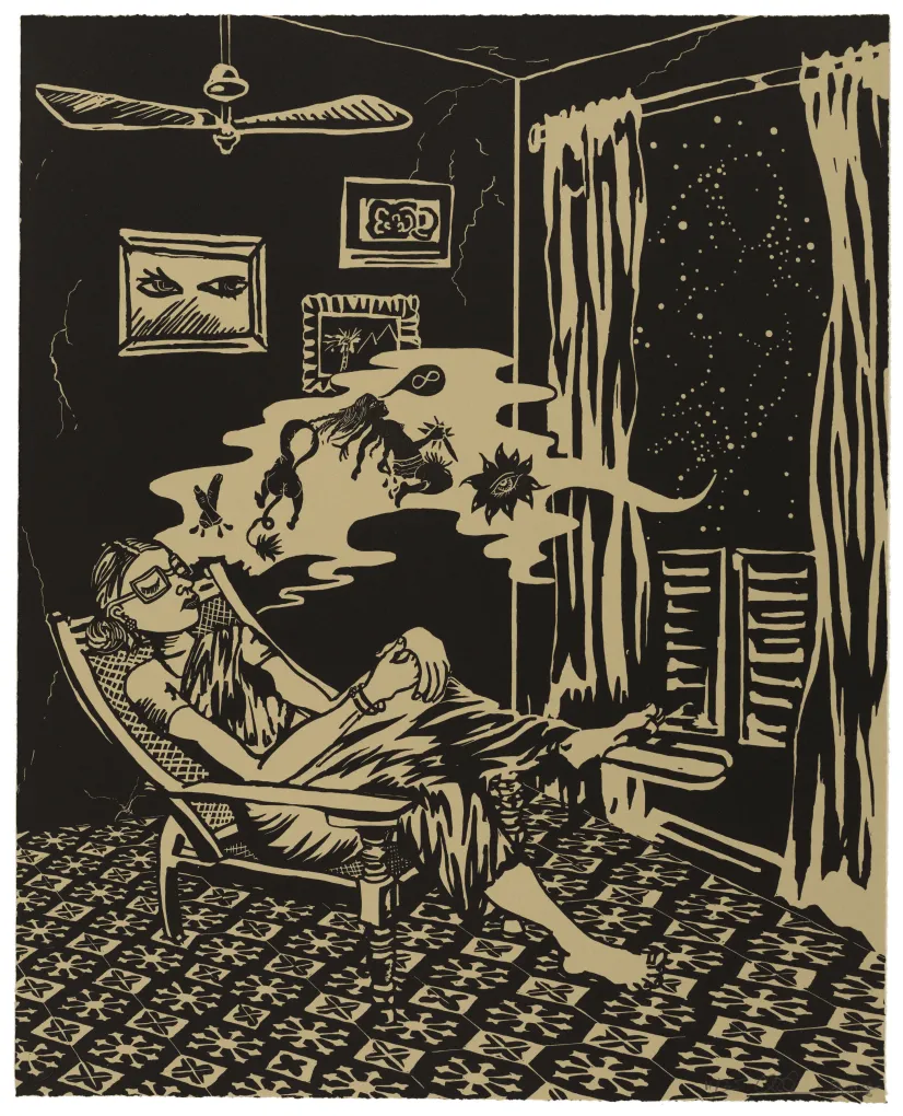 Chitra Ganesh, The Condition of Womanhood, 2019, from the portfolio of twenty-seven linocuts, Sultana’s Dream, 2019. Linocut on tan wove paper. Detroit Institute of Arts, Museum Purchase, funds from Lee & Tina Hills Graphic Arts, 2019.46.1.