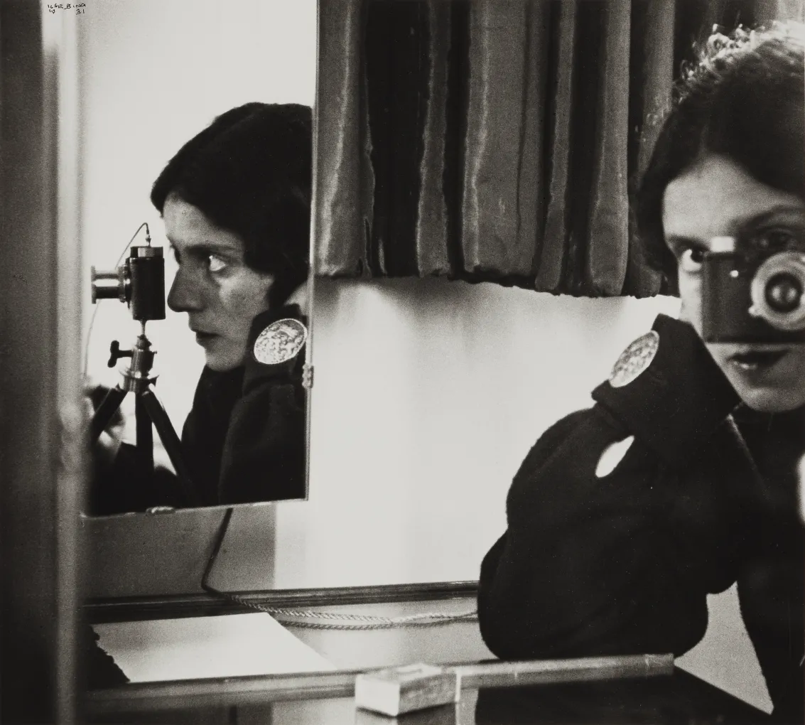 Ilse Bing (American, born Germany, 1899–1998). Self Portrait with Leica, 1931, printed 1992, gelatin silver print. Detroit Institute of Arts, Gift of the Estate of Ilse Bing Wolff, 2001.106. © Estate of Ilse Bing.