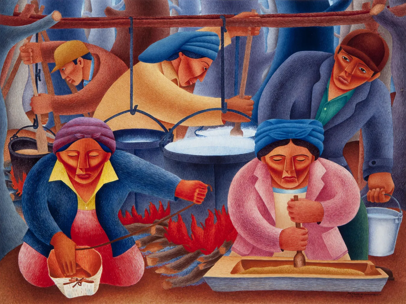 Patrick DesJarlait (Red Lake Band of Ojibwe), Maple Sugar Time, 1946. Philbrook Museum of Art, Tulsa, Oklahoma. Museum Purchase, 1946.3
