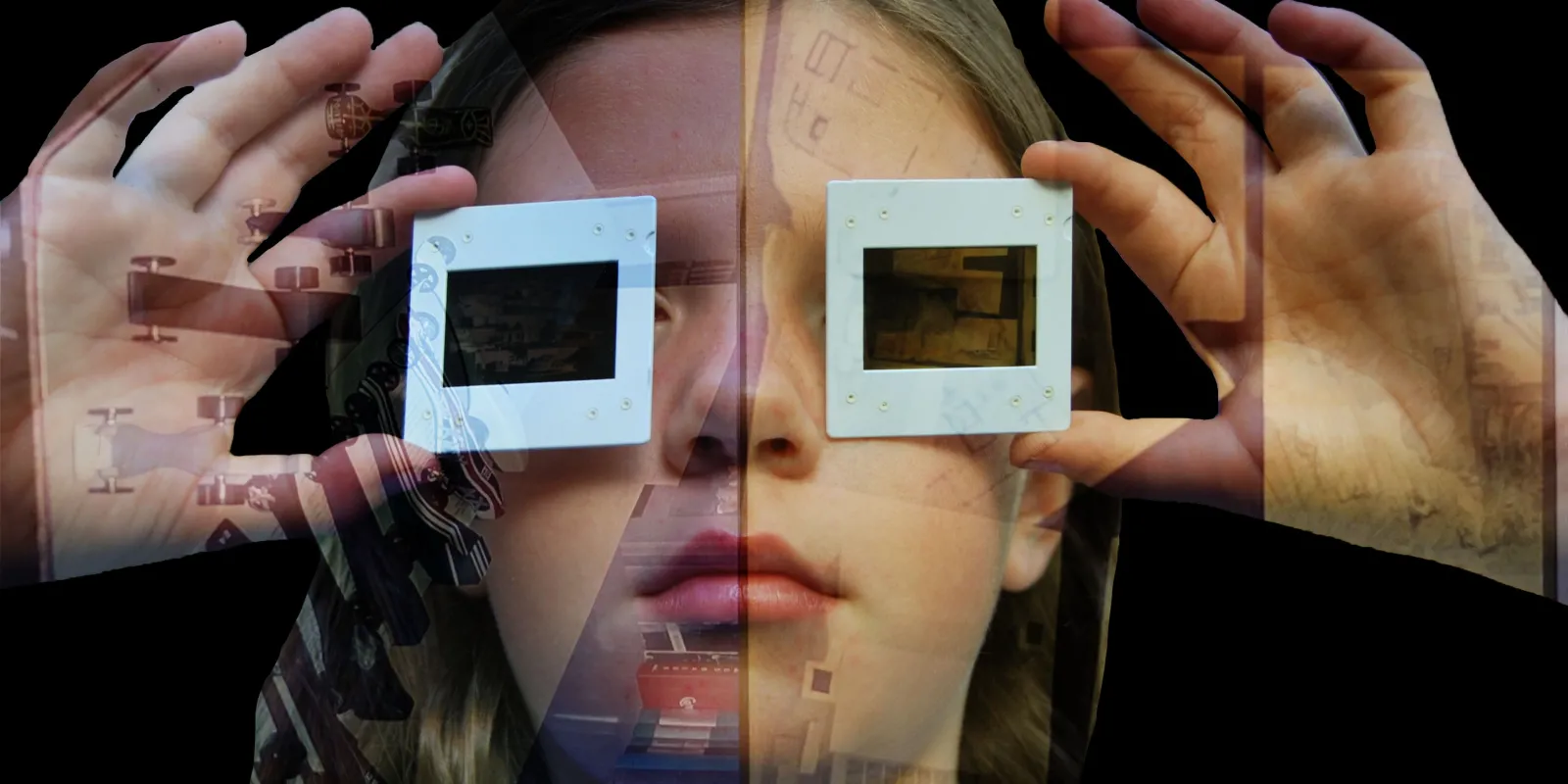 An image of a child holding cut-out squares over their eyes like 3D glasses