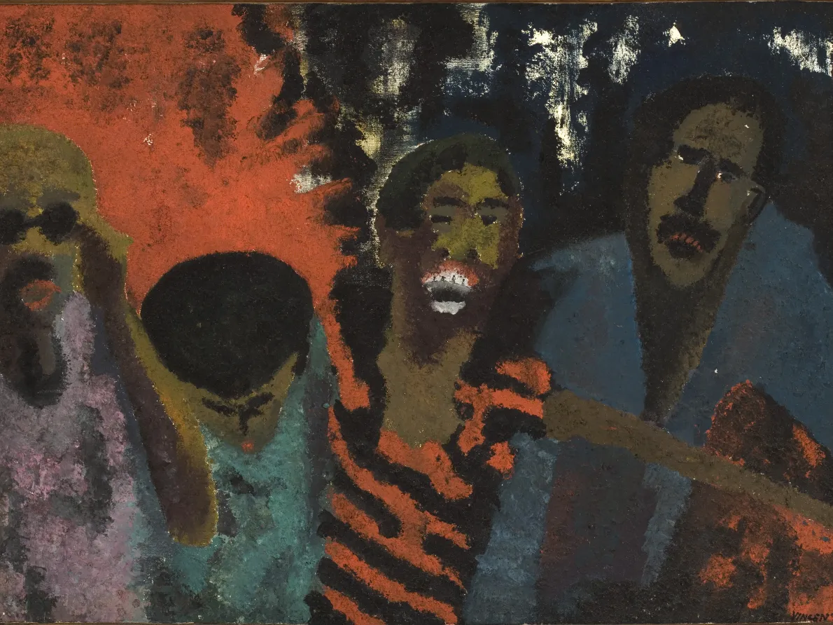 “The Fire Next Time,” 1968, Vincent Smith, oil paint and sand on canvas. Detroit Institute of Arts