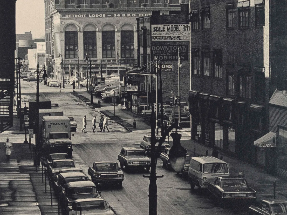 "Elizabeth Street and Park Avenue, Detroit, Michigan," 1965, Russ Marshall, American; gelatin silver print.
