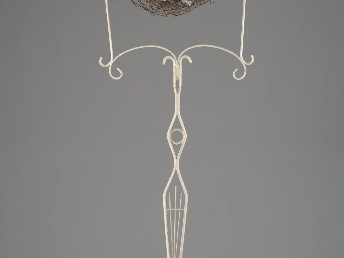 David Hammons, (American, born 1943). Bird , 1990. Painted metal, wire, basketball, and feathers; 73 × 23 × 14 in. (185.4 × 58.4 × 35.6 cm). Museum purchase, W. Hawkins Ferry Fund and Ernest and Rosemarie Kanzler Foundation Fund, 2016.76.