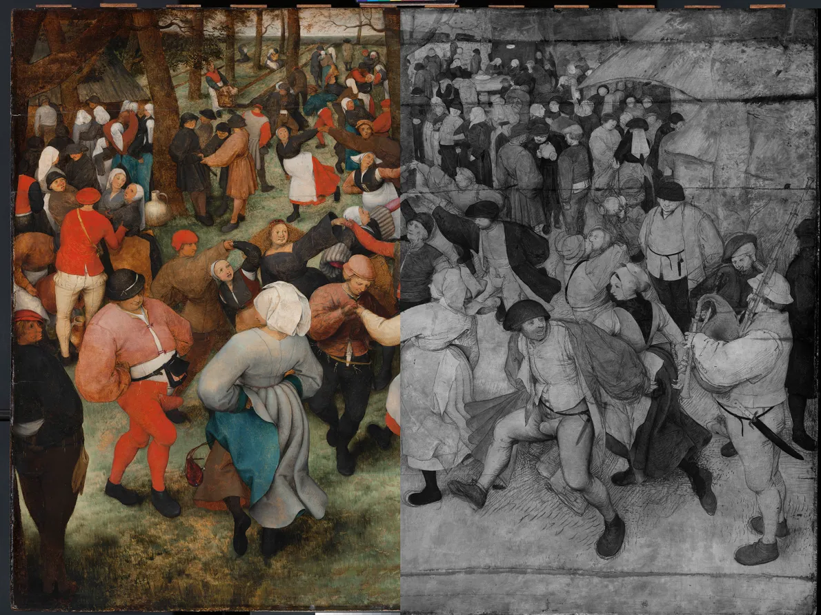 Composite image of the Wedding Dance depicting half of the painting in normal light and the other half in infrared. 