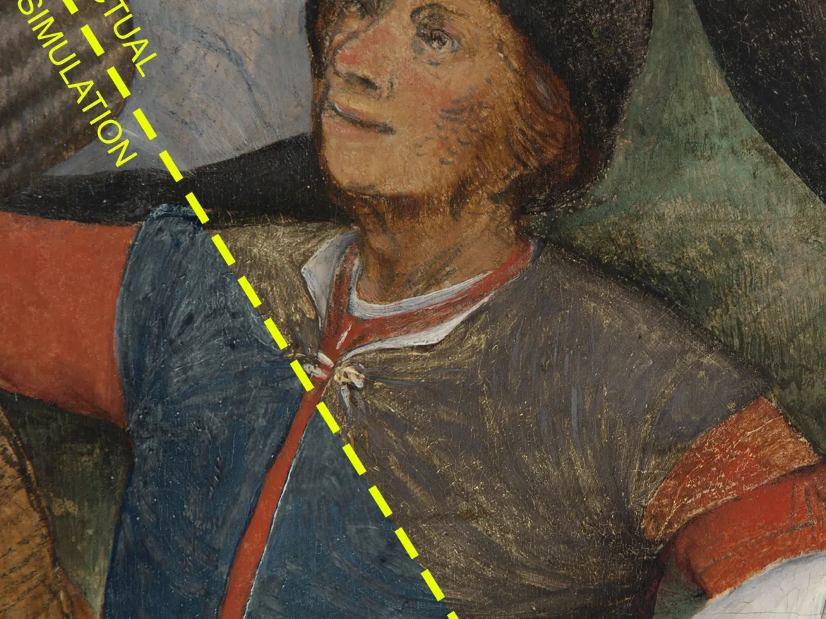 Composite image of the Wedding Dance showing the painting’s current condition in the upper half and a digital simulation of how the blue may have originally appeared in the bottom half. 