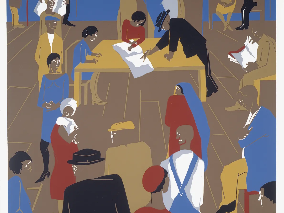 “The 1920s...The Migrants Arrive and Cast Their Ballots,” 1974, Jacob Lawrence, screenprint. Detroit Institute of Arts