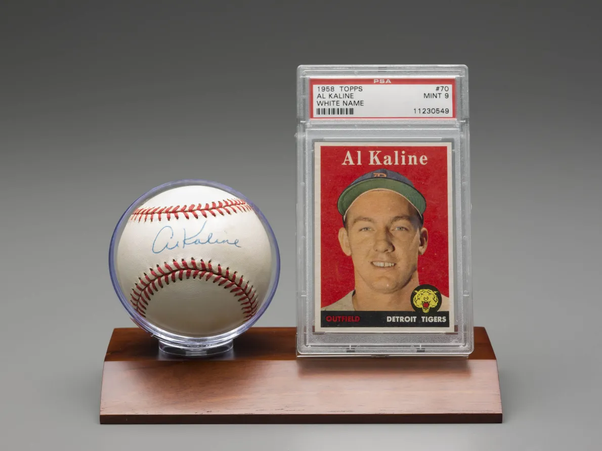 Baseball Autographed by Al Kaline and 1958 Al Kaline Topps Baseball Card. Collection of E. Powell Miller. © Topps Company Inc.