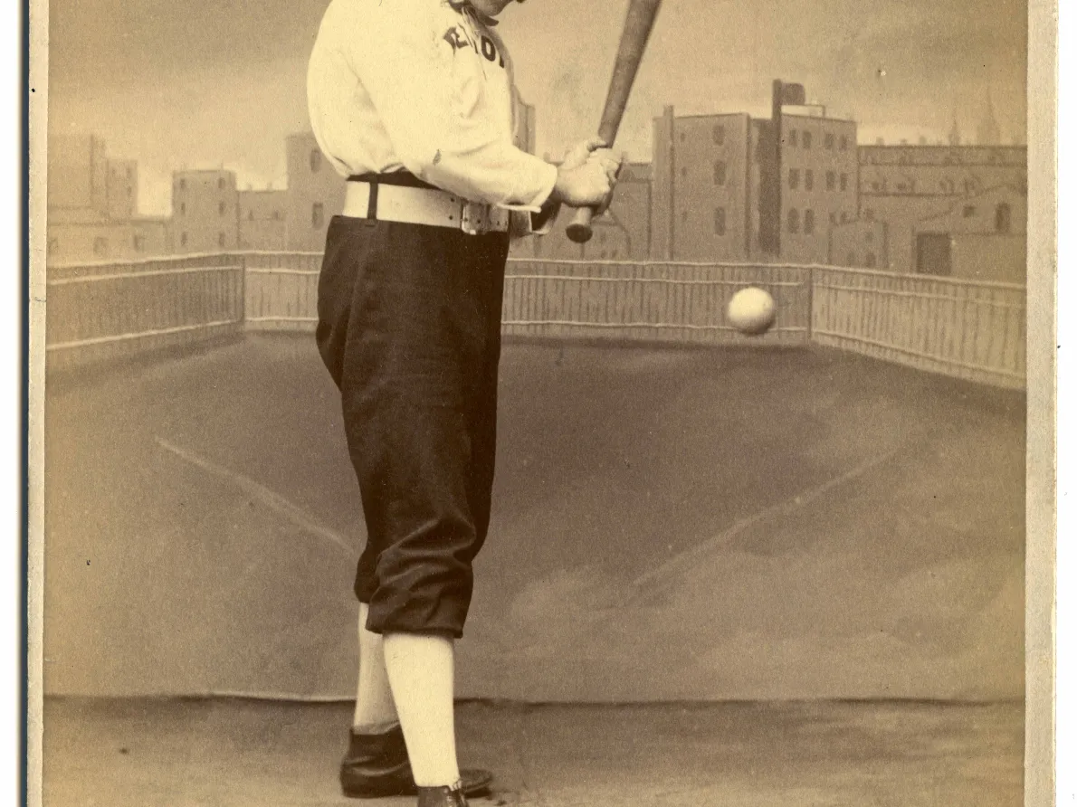 Dan Brouthers swinging a baseball bat, 1887, Gray Studio, American, photographic print mounted on board, Courtesy of Detroit Historical Society.