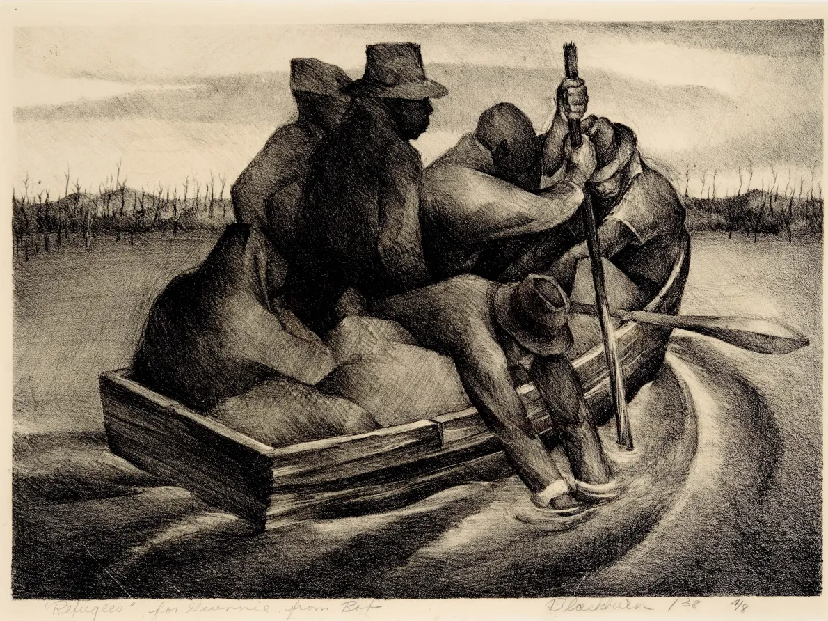 Robert Blackburn (American, 1920–2003). Refugees (aka People in a Boat), 1938. Lithograph; 11 1/8 x 15 ¾ in. Edition 4. Collection of NCCU Art Museum, North Carolina Central University, Gift of Christopher Maxey.