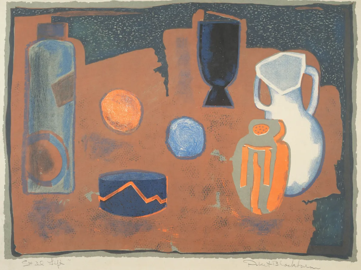 Robert Blackburn (American, 1920–2003). Still Life (aka White Jug), c. 1950. Color Lithograph; 13 ½ x 18 ¼ in. Nelson/Dunks Collection. Photograph by Greg Staley. Photo courtesy of the David C. Driskell Center at the University of Maryland, College Park.