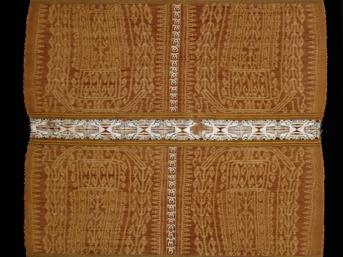 “Ceremonial Skirt (Tapis Inu),” late 1800s, Indonesia (South Sumatra), cotton warp ikat, silk embroidery. Detroit Institute of Arts