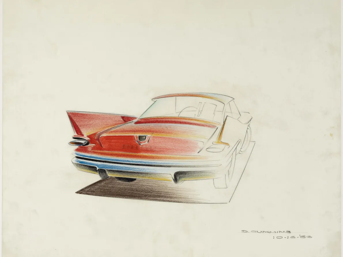 &quot;1960 Chrysler,&quot; 1956, Dave Cummins, American; prismacolor on vellum. Collection of Brett Snyder.